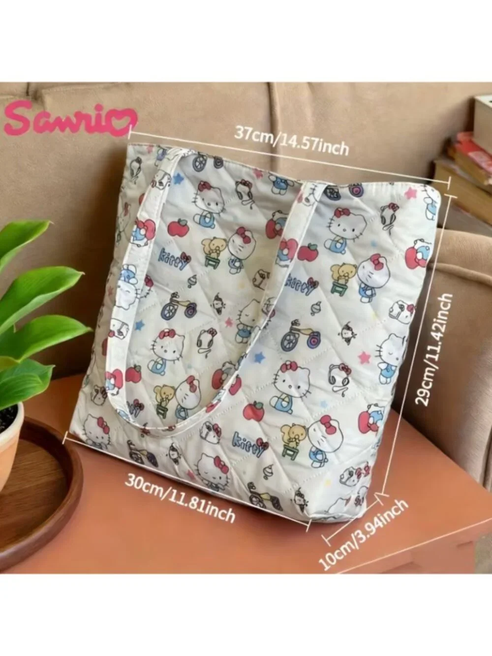 Hello Kitty Quilted Tote Bag Cute Sanrio Cartoon Print Shoulder Bag, Tote